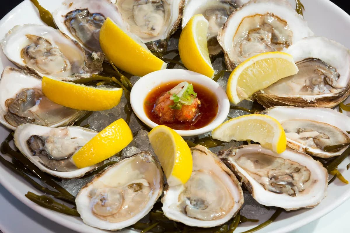 Fresh oysters on ice served with lemon wedges and a small dish of sauce.